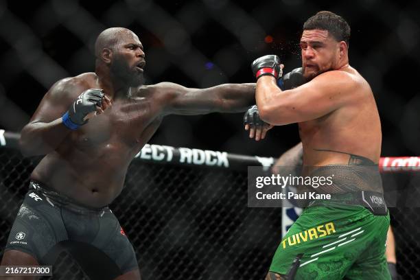 Jairzinho Rozenstruik of Suriname fights Tai Tuivasa of Australia in the Heavyweight Bout during UFC 305 at RAC Arena on August 18, 2024 in Perth,...