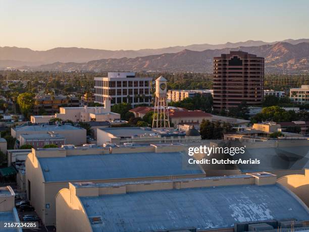 aerial view of the famous warner bros studios in burbank, california - burbank studios stock pictures, royalty-free photos & images