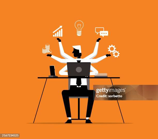 multitasking mit mehreren armen - geschäftsmann - multitasking stock-grafiken, -clipart, -cartoons und -symbole