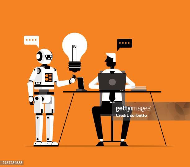 künstlich intelligenter roboter - glühbirne - geschäftsmann - evolution stock-grafiken, -clipart, -cartoons und -symbole