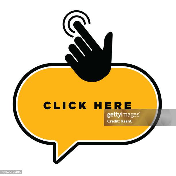 ilustraciones, imágenes clip art, dibujos animados e iconos de stock de icono de burbuja de diálogo con forma de mano. haga clic aquí icono. ilustración de stock de vector - computer mouse definition