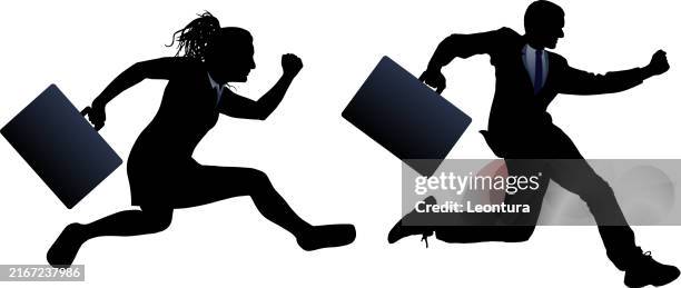 illustrazioni stock, clip art, cartoni animati e icone di tendenza di uomini d'affari che corrono in ritardo silhouette - fuggire