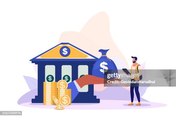 stockillustraties, clipart, cartoons en iconen met business loan or bank offer money agreement, personal loan or entrepreneur and small business lending, debt or bank approval allowance concept, businessman business owner getting loan money from bank. - hypotheek