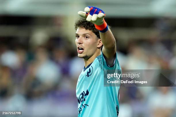 Florence, Italy Armin Pecsi of Puskas Akademia FC gestures during the UEFA Europa Conference League Play-Off 1st leg match between Fiorentina and...