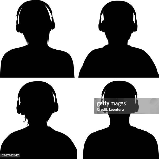 people listening to music silhouettes - wireless headphones white background stock illustrations
