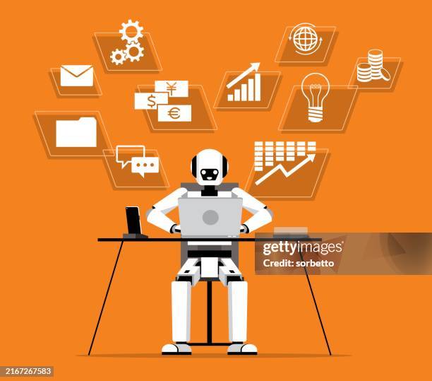 beschäftigt roboter - multitasking stock-grafiken, -clipart, -cartoons und -symbole
