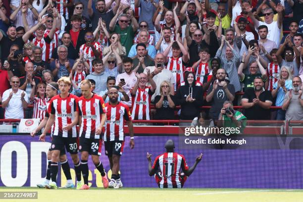 Yoane Wissa of Brentford celebrates scoring his team's second goal during the Premier League match between Brentford FC and Crystal Palace FC at...