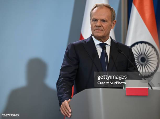 Polish Prime Minister Donal Tusk during a joined press conference with Indian Prime Minister Narendra Modi, at the Polish Prime Minister's Office in...