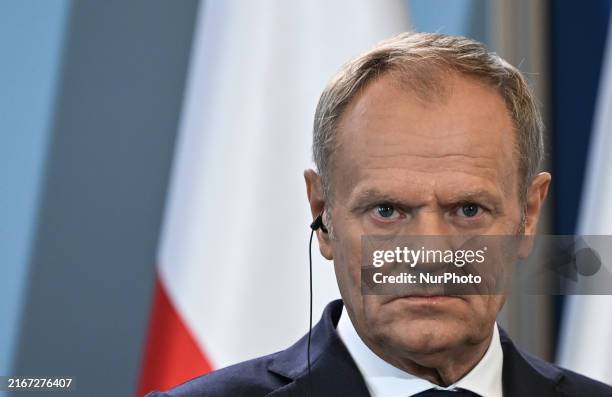 Polish Prime Minister Donal Tusk during a joined press conference with Indian Prime Minister Narendra Modi, at the Polish Prime Minister's Office in...