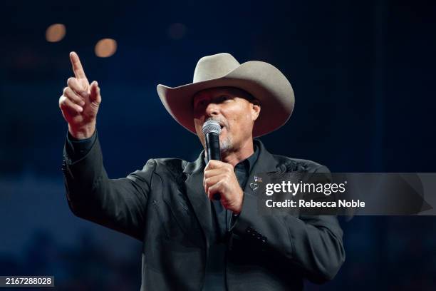 Pinal County Sheriff Mark Lamb speaks during a campaign rally for Republican presidential nominee, former U.S. President Donald Trump at Desert...