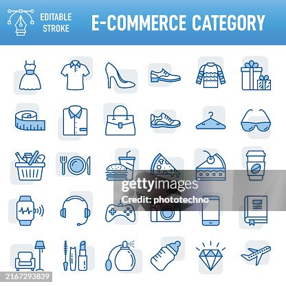 E-Commerce Category - Thin line vector icon set. Pixel perfect. Editable stroke. For Mobile and Web. The set contains icons: E-commerce, Online Shopping, Shopping, Delivering, Store, Fashion, Clothing, Jewelry, Food, Fast Food, Supermarket, Electronic E-Commerce Category - Thin line vector icon set. Pixel perfect. Editable stroke. For Mobile and Web. The set contains icons: E-commerce, Online Shopping, Shopping, Delivering, Store, Fashion, Clothing, Jewelry, Food, Fast Food, Supermarket, Electronic
