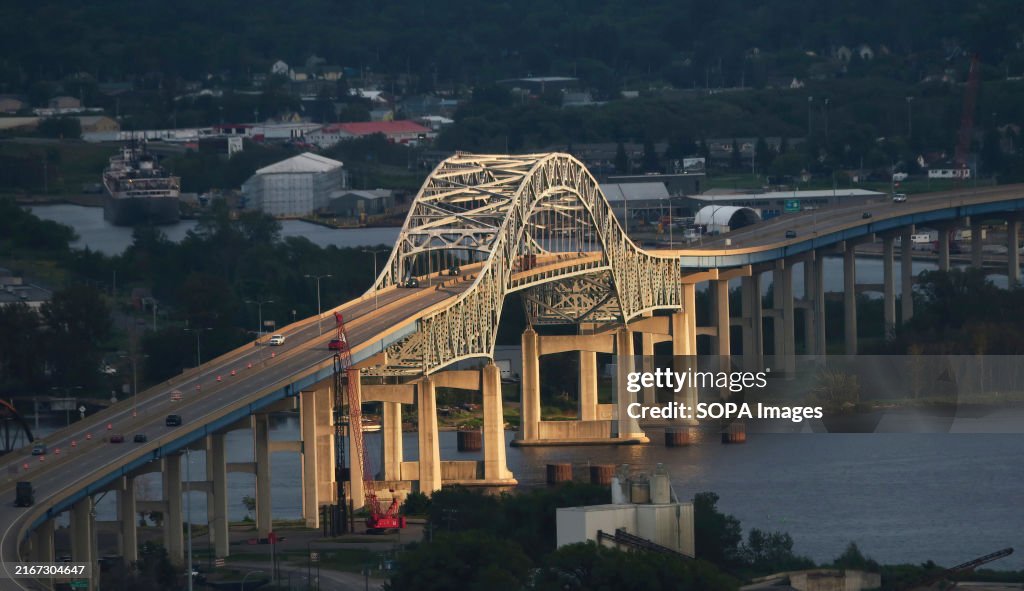 Vehicles travel over the John A. Blatnik Bridge in Duluth,...