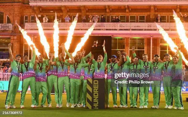 Sam Billings and the Oval Invincibles celebrate after The Hundred Final between Oval Invincibles and Southern Brave at Lord's Cricket Ground on...