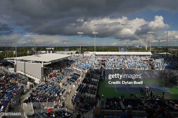 Rainbow forms over the stadium during a rain delay during Day 8 of the Cincinnati Open at the Lindner Family Tennis Center on August 18, 2024 in...