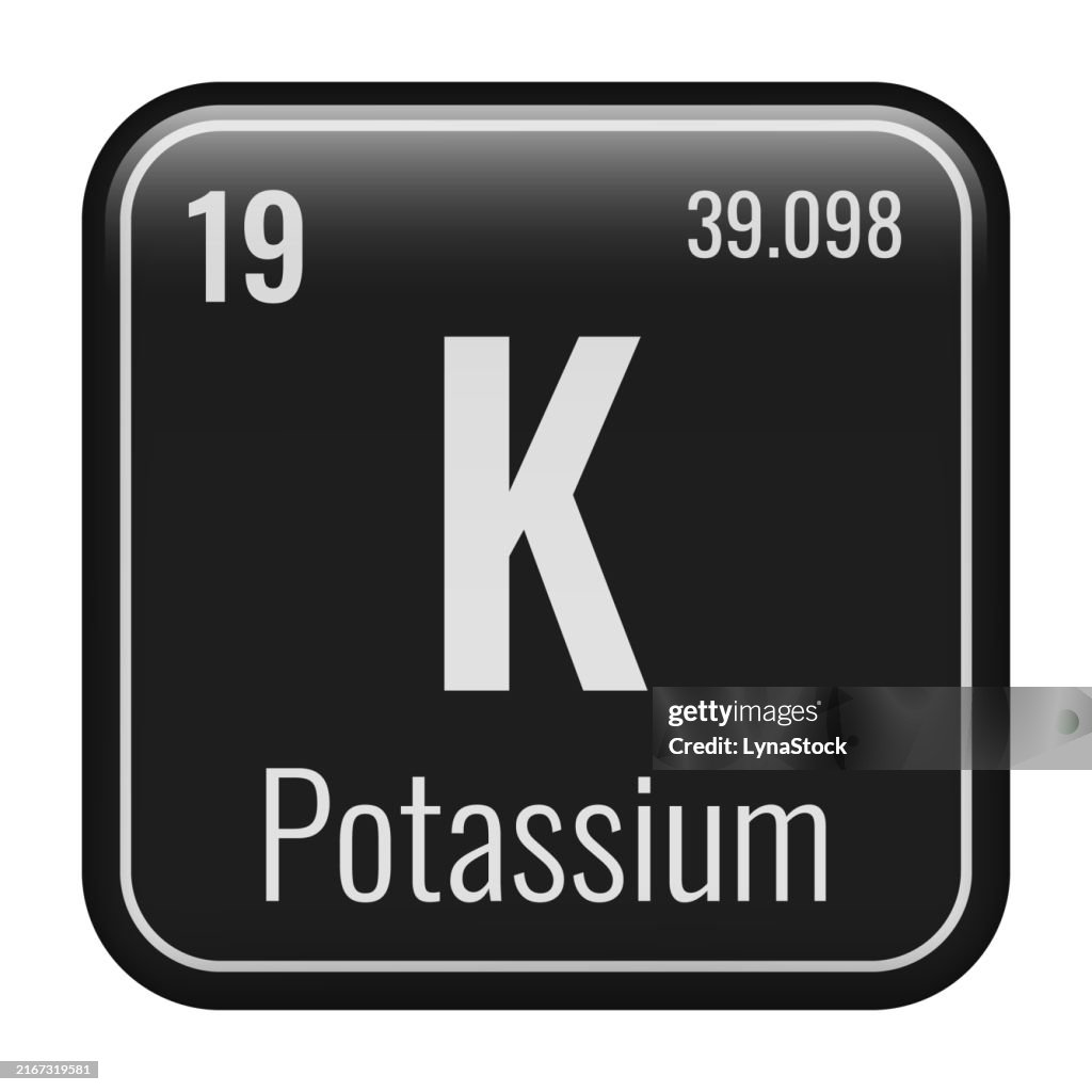 Symbole du potassium. Elément chimique du tableau périodique. Illustration vectorielle isolée sur fond blanc. Signe en verre.