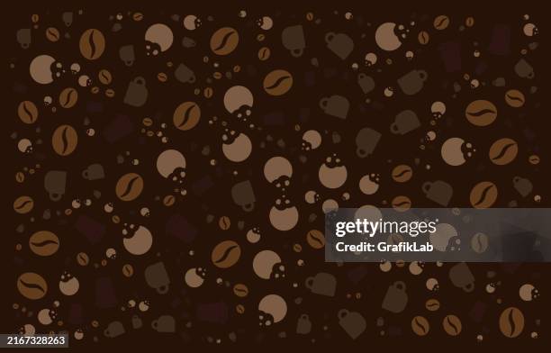 seamless coffee pattern with cups and beans on brown background - coffee beans background stock illustrations