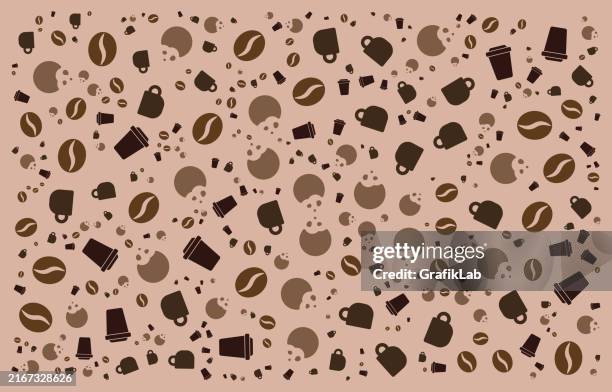 seamless coffee pattern with cups and beans on brown background - doodle background chocolate stock illustrations