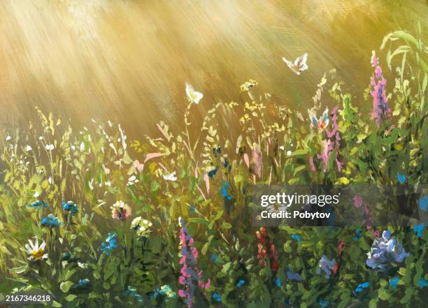 summer meadow, painting - wildflower stock illustrations