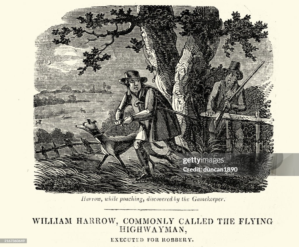Geschichte des Verbrechens, Tatort aus dem Newgate-Kalender, William Harrow, der fliegende Wegelagerer, Wilderei, entdeckt von einem Wildhüter, Vintage-Illustration, 18. Jahrhundert. WILLIAM HARROW Der fliegende Straßenräuber, hingerichtet in Hertford