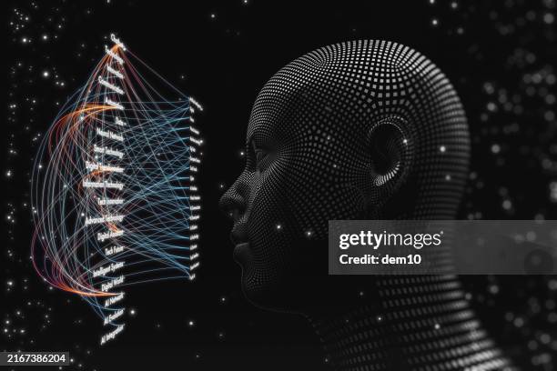 robot head looking at a digital screen of words artificial intelligence - artificial intelligence robot face stock illustrations