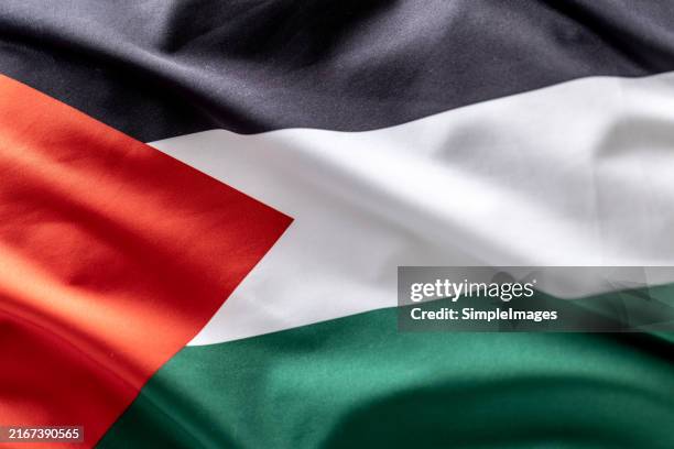 palestinian flag blowing in the wind - close up - palestijnse vlag stockfoto's en -beelden