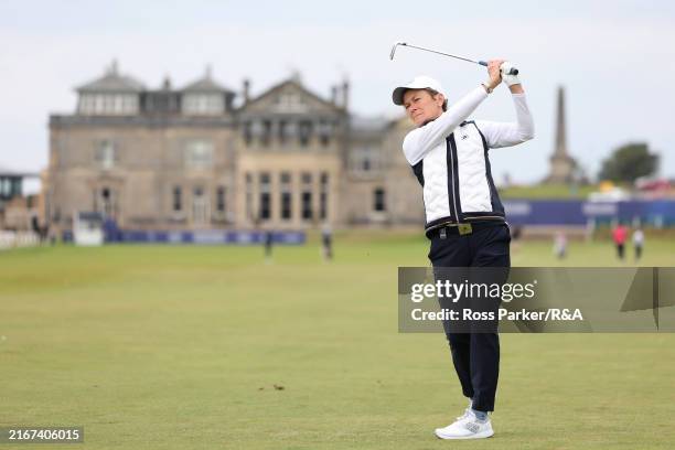 Catriona Matthew of Scotland plays a shot during a practice round prior to the AIG Women's Open at St Andrews Old Course on August 19, 2024 in St...