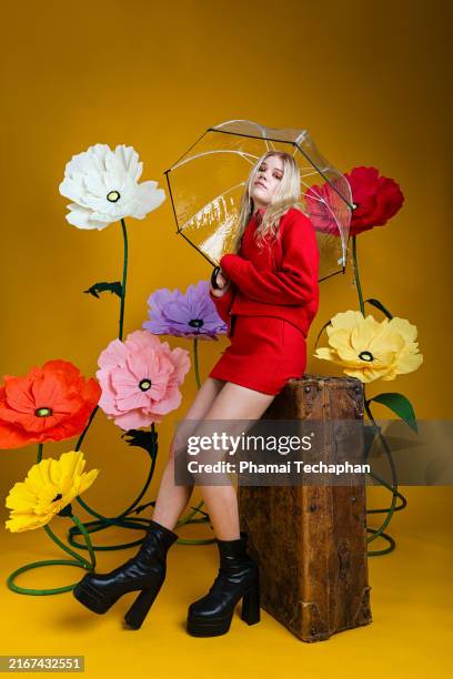 fashionable woman wearing red outfit - see through shoe stock pictures, royalty-free photos & images
