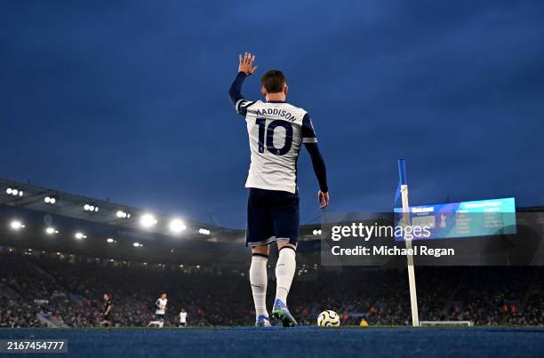 James Maddison of Tottenham Hotspur prepares to take a corner kick during the Premier League match between Leicester City FC and Tottenham Hotspur FC...