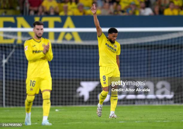 Arnaut Danjuma of Villarreal CF celebrates scoring his team's first goal during the La Liga match between Villarreal CF and Club Atlético de Madrid...