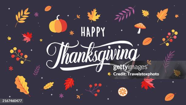 happy thanksgiving banner. newsletter or website banner thanksgiving. e-mail thanksgiving and fall theme banner. thanksgiving invitation card. autumn vector graphic. autumn leaves. pumpkin, mushrooms and other plant parts of the forest in fall. - thanksgiving stock-fotos und bilder
