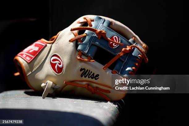 Detail shot of the glove used by Brett Wisely of the San Francisco Giants in the dugout before the game against the Oakland Athletics at Oakland...