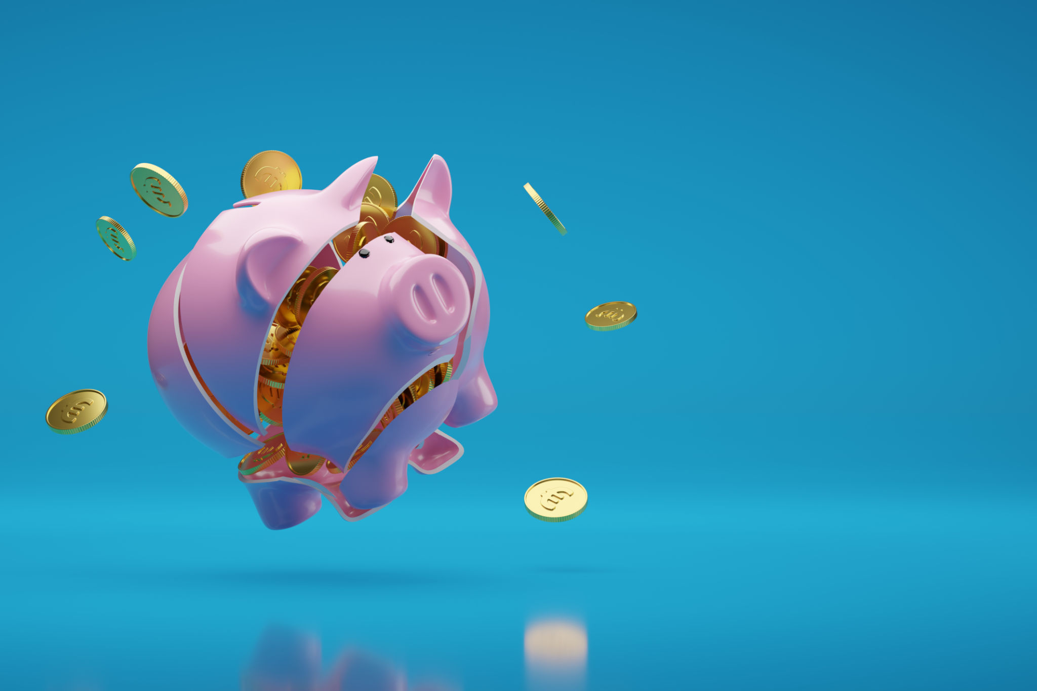 Broken piggy bank full of euro coins isolated on blue background. 3d illustration. Broken piggy bank full of euro coins isolated on blue background. 3d illustration.