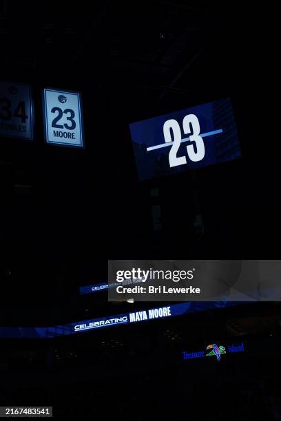 Look at the retired jersey of former Minnesota Lynx player Maya Moore on August 24, 2024 at Target Center in Minneapolis, Minnesota. NOTE TO USER:...