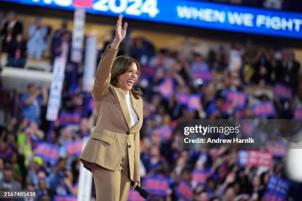 Democratic presidential candidate, U.S. Vice President Kamala Harris speaks onstage during the first day of the Democratic National Convention at the...