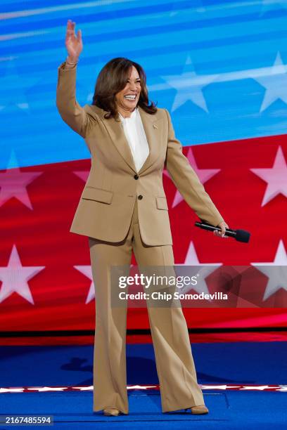 Democratic presidential candidate, U.S. Vice President Kamala Harris speaks onstage during the first day of the Democratic National Convention at the...