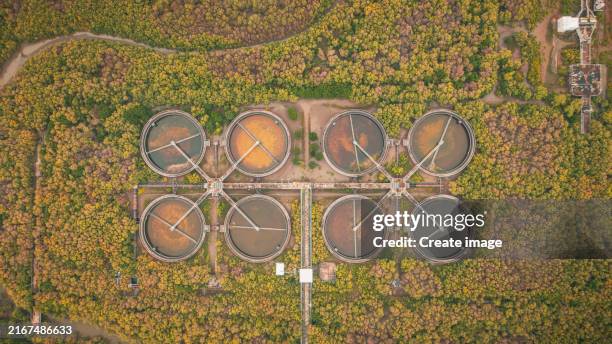 aerial top view sewage treatment plant in mangrove forest for waste water management or environment conservation concept. - disposal container stock pictures, royalty-free photos & images