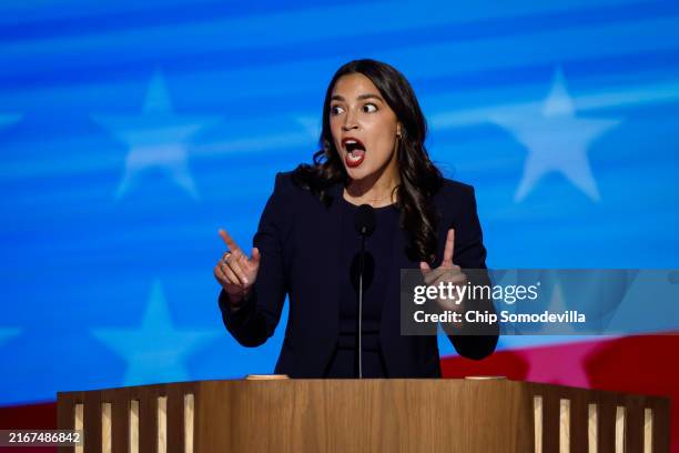 Rep. Alexandria Ocasio-Cortez speaks onstage during the first day of the Democratic National Convention at the United Center on August 19, 2024 in...