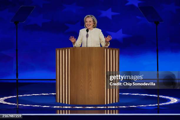 Former U.S. Secretary of State Hillary Clinton speaks onstage during the first day of the Democratic National Convention at the United Center on...