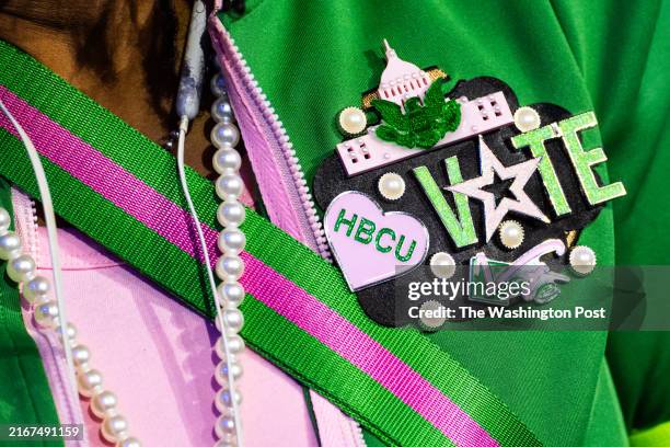August 20, 2024: A supporters wearing a HBCU pin during day two of the Democratic National Convention at the United Center in Chicago, IL on Tuesday,...