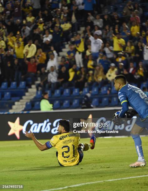 Club America forward Henry Martin calls for a foul during game between Club Puebla and Club America on August 24, 2024 at Estadio Ciudad de los...