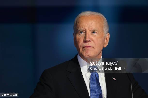 President Joe Biden speaks onstage during the first day of the Democratic National Convention at the United Center on August 19, 2024 in Chicago,...