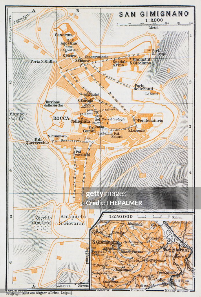 Map of the town of San Gimignano , Italy - 1893