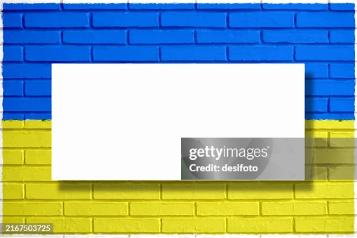 Bright all over bricks or brickwall pattern textured bordered whitewashed wall vector background or wallpaper with Ukraine flag colours painted in vibrant smudged spray paint color style backdrop with one blank empty white label on top for copy space Bright all over bricks or brickwall pattern textured bordered whitewashed wall vector background or wallpaper with Ukraine flag colours painted in vibrant smudged spray paint color style backdrop with one blank empty white label on top for copy space