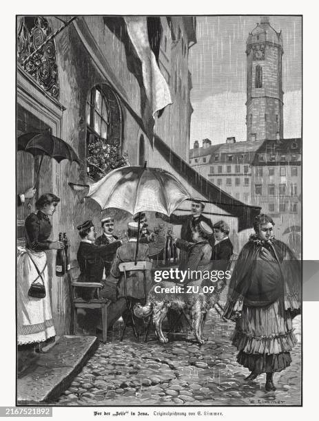 students celebrating in jena, thuringia, germany, wood engraving, published 1892 - dog drinking stock illustrations