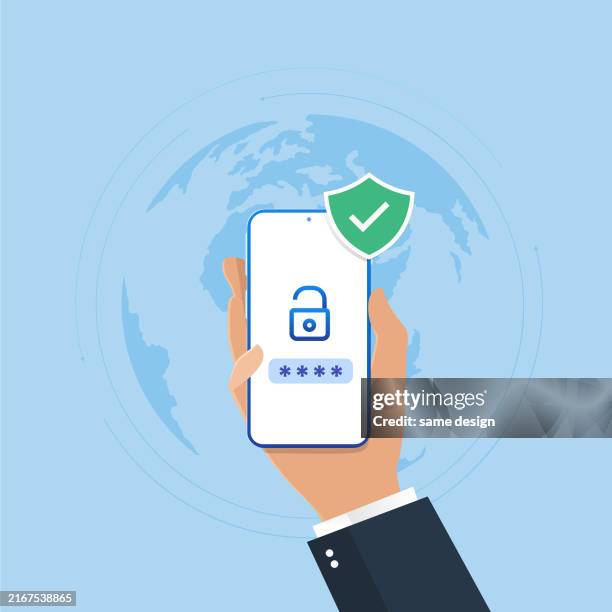 hand-held mobile with super concept of personal data security - verify stock illustrations
