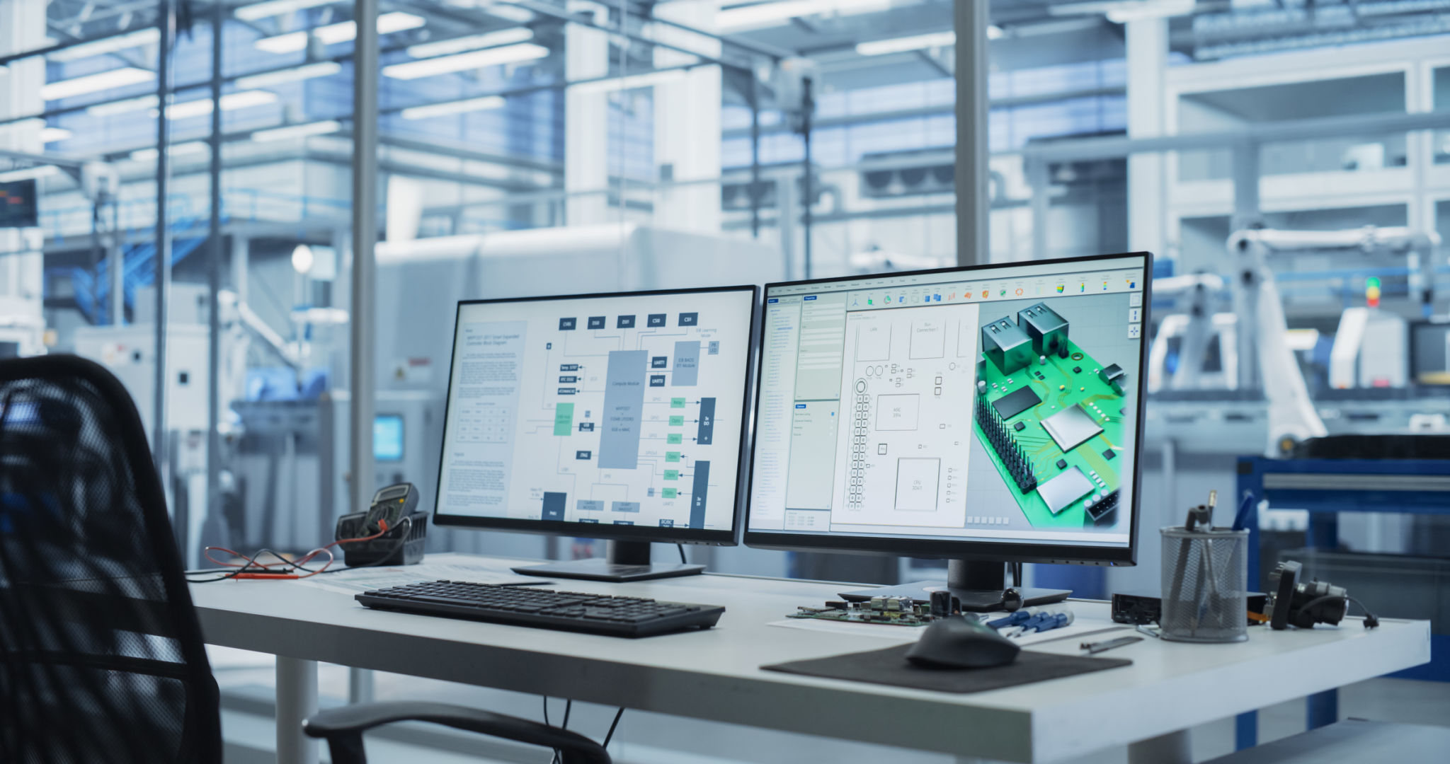 Empty Workplace With Computer Monitor Display with 3D CAD Software Interface with Digital Electronic Diagram of a Circuit Motherboard Being Designed. Modern Factory Engineer's Office Concept. Empty Workplace With Computer Monitor Display with 3D CAD Software Interface with Digital Electronic Diagram of a Circuit Motherboard Being Designed. Modern Factory Engineer's Office Concept.