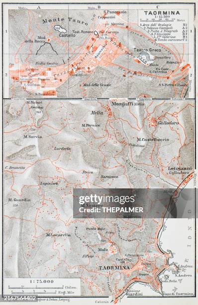 map of taormina - sicily , italy - 1893 - taormina italy stock illustrations