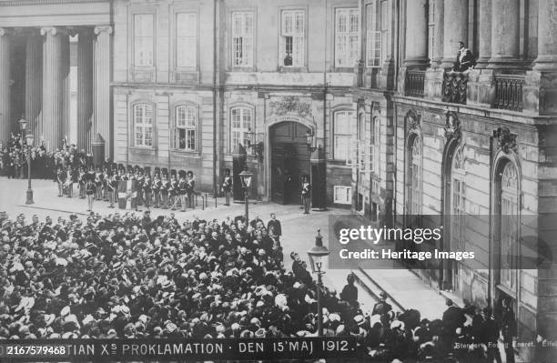 Danish King at Palace Window, 1912. Shows King Christian X of Denmark giving an address on May 15, 1912 shortly after acceding to the throne after...
