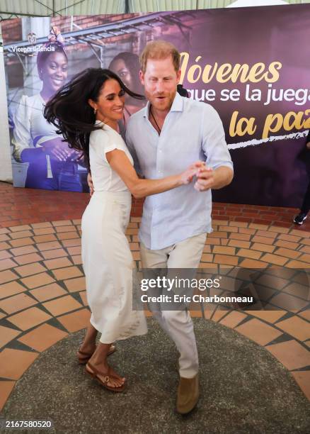 Meghan, Duchess of Sussex and Prince Harry, Duke of Sussex seen at the Unidad Recreativa El Vallado on August 18, 2024 in Cali, Colombia.