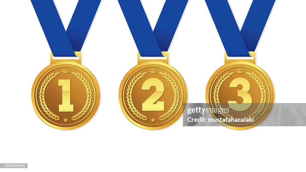 Golden medal trophy with blue ribbon and numbers